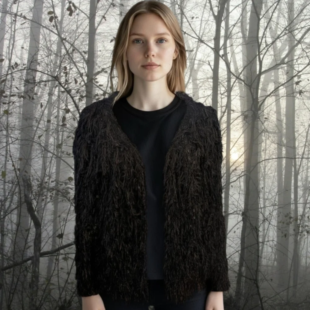Bibi Shaggy Whimsigoth Witchy Dark Romantic Soft Black Cardigan Sweater Sz L - Picture 8 of 8